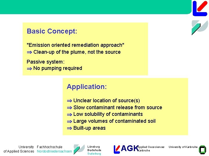 Basic Concept: "Emission oriented remediation approach" Clean-up of the plume, not the source Passive