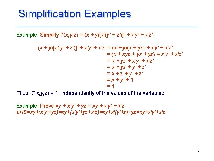 Simplification Examples Example: Simplify T(x, y, z) = (x + y)[x’(y’ + z’)]’ +