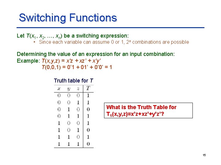 Switching Functions Let T(x 1, x 2, …, xn) be a switching expression: •