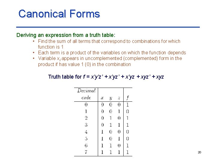 Canonical Forms Deriving an expression from a truth table: • Find the sum of