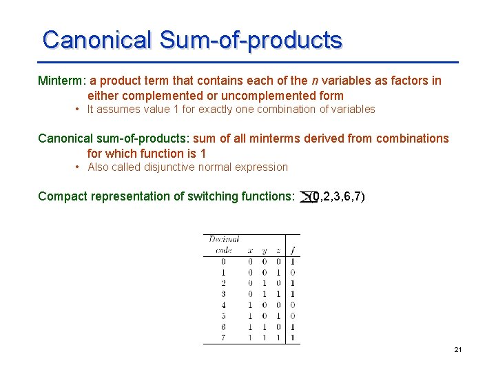 Canonical Sum-of-products Minterm: a product term that contains each of the n variables as