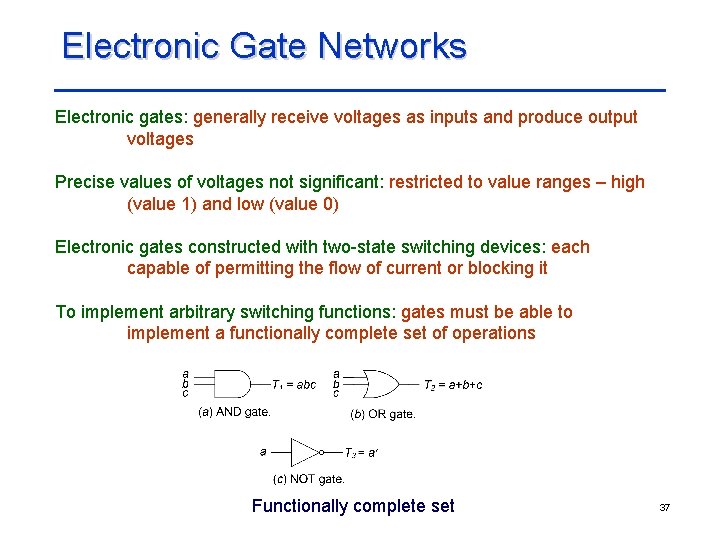 Electronic Gate Networks Electronic gates: generally receive voltages as inputs and produce output voltages