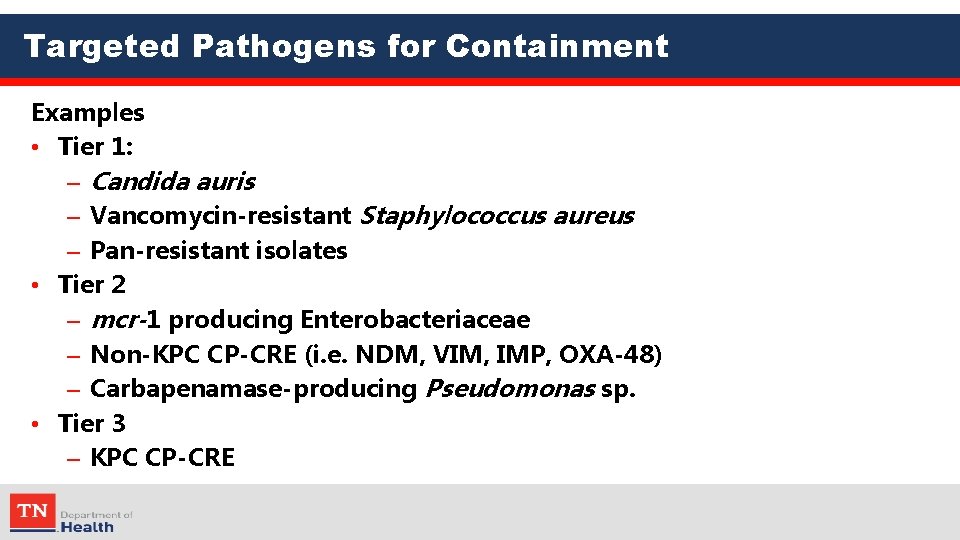 Targeted Pathogens for Containment Examples • Tier 1: – Candida auris – Vancomycin-resistant Staphylococcus