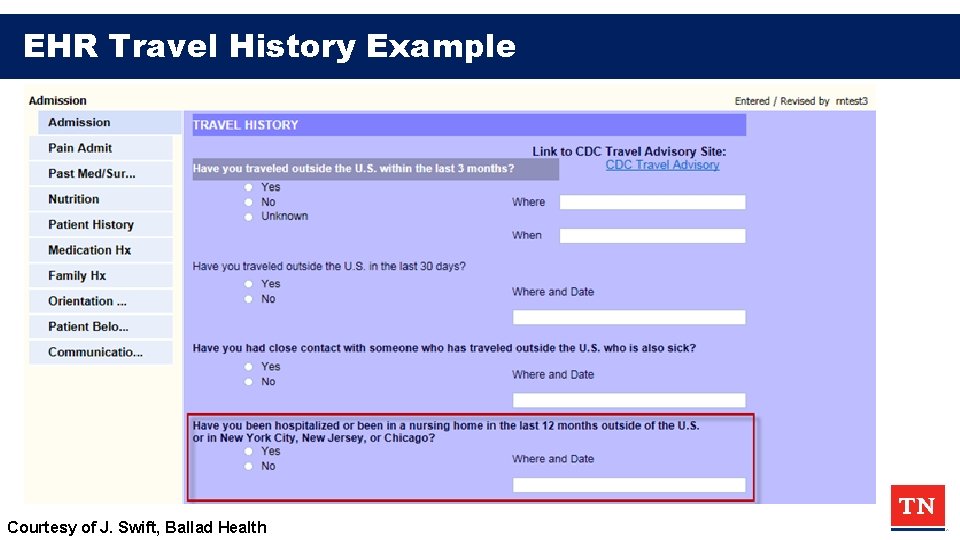 EHR Travel History Example Courtesy of J. Swift, Ballad Health 