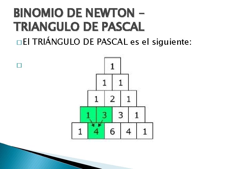 BINOMIO DE NEWTON – TRIANGULO DE PASCAL � El � TRIÁNGULO DE PASCAL es