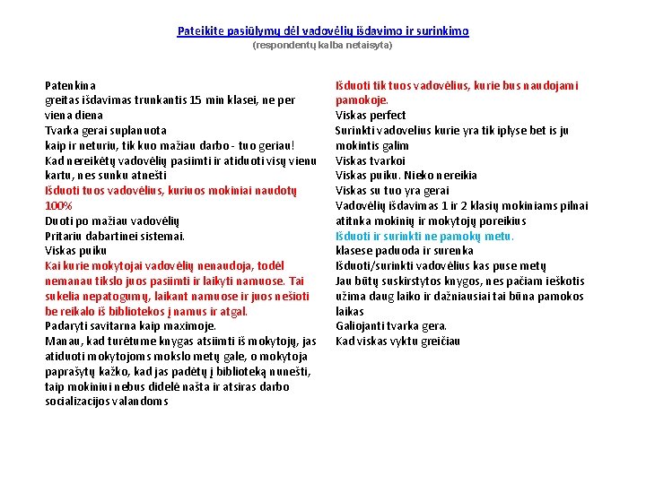Pateikite pasiūlymų dėl vadovėlių išdavimo ir surinkimo (respondentų kalba netaisyta) Patenkina greitas išdavimas trunkantis