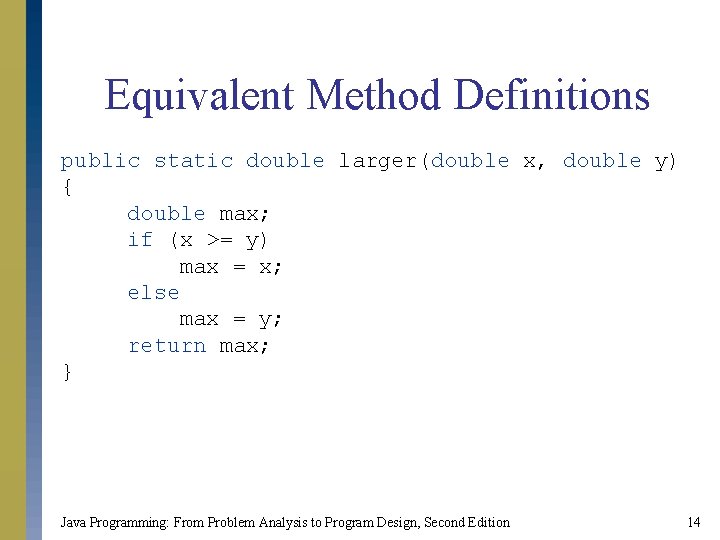 Equivalent Method Definitions public static double larger(double x, double y) { double max; if