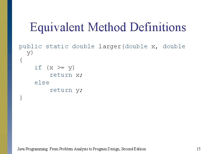 Equivalent Method Definitions public static double larger(double x, double y) { if (x >=