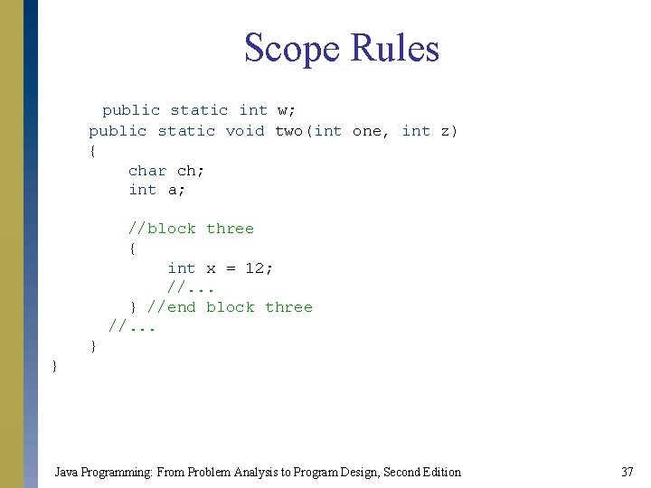 Scope Rules public static int w; public static void two(int one, int z) {