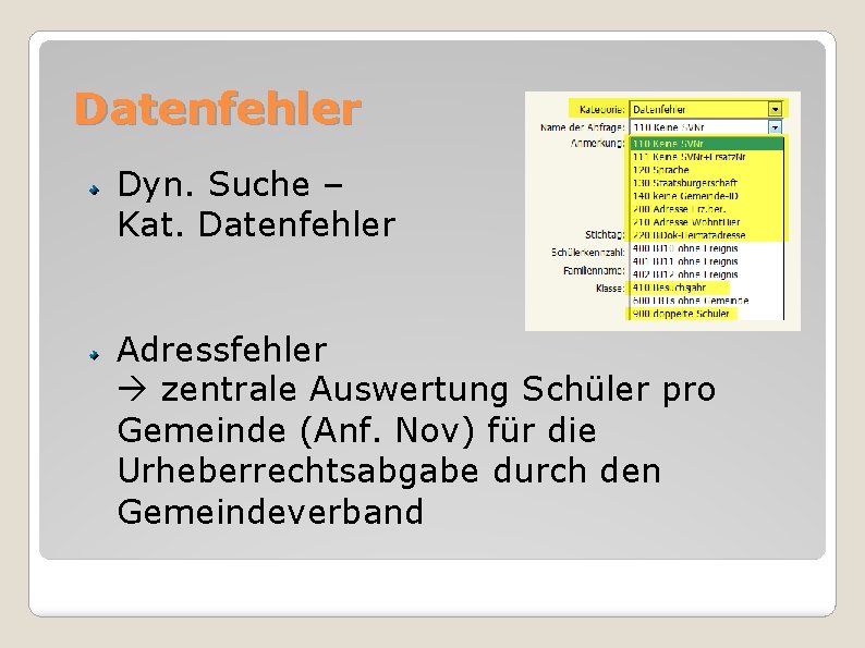 Datenfehler Dyn. Suche – Kat. Datenfehler Adressfehler zentrale Auswertung Schüler pro Gemeinde (Anf. Nov)