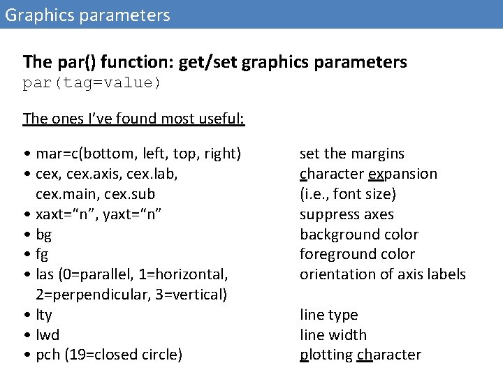 Graphics parameters The par() function: get/set graphics parameters par(tag=value) The ones I’ve found most