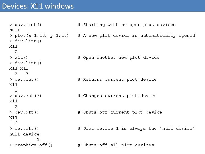 Devices: X 11 windows > dev. list() NULL > plot(x=1: 10, y=1: 10) >