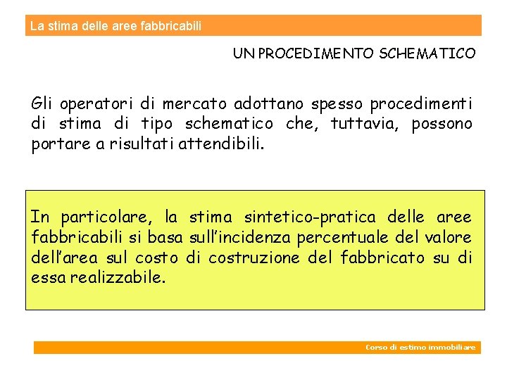 La stima delle aree fabbricabili UN PROCEDIMENTO SCHEMATICO Gli operatori di mercato adottano spesso