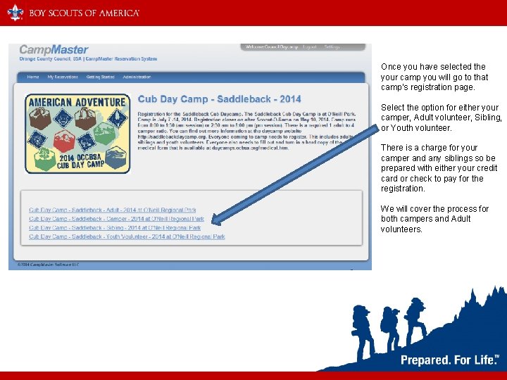 Once you have selected the your camp you will go to that camp’s registration