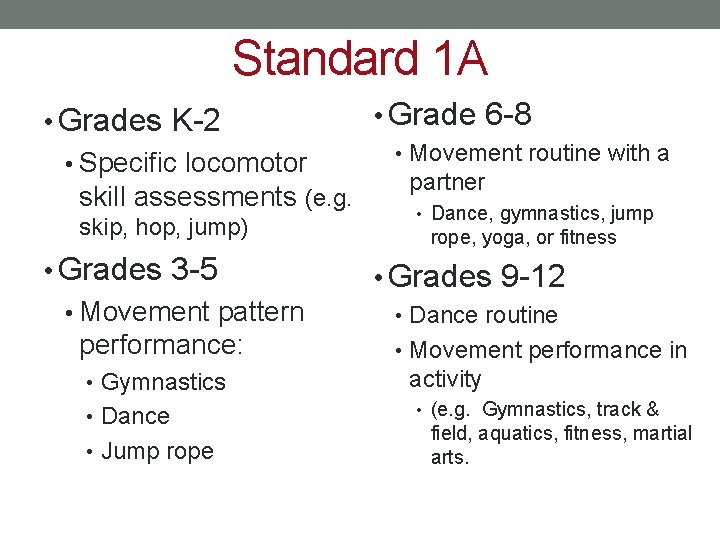 Standard 1 A • Grade 6 -8 • Grades K-2 • Movement routine with