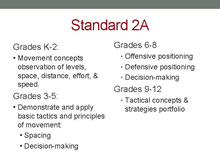 Standard 2 A Grades K-2: • Movement concepts observation of levels, space, distance, effort,