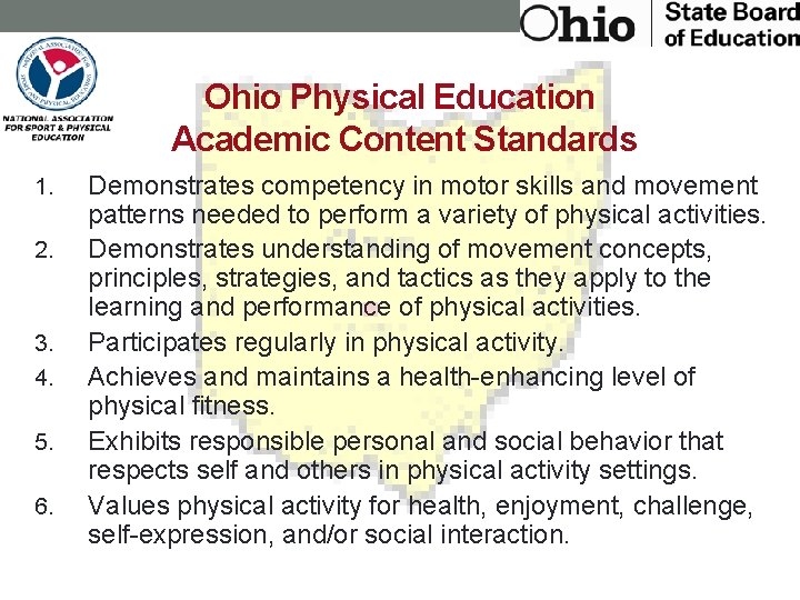 Ohio Physical Education Academic Content Standards 1. 2. 3. 4. 5. 6. Demonstrates competency