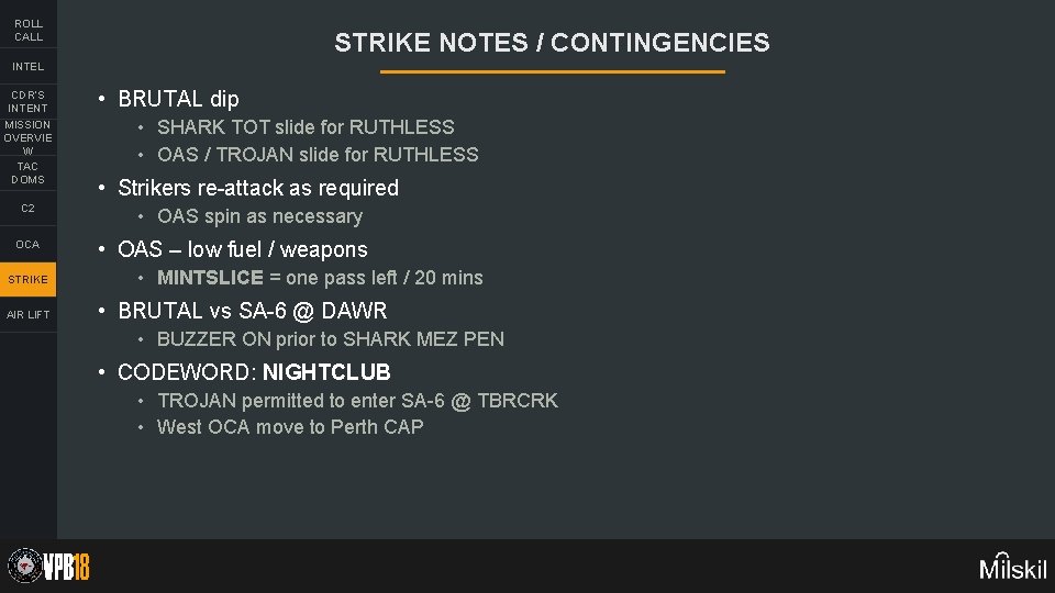 ROLL CALL STRIKE NOTES / CONTINGENCIES INTEL CDR’S INTENT MISSION OVERVIE W TAC DOMS