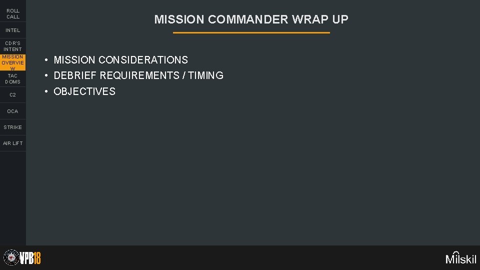 ROLL CALL MISSION COMMANDER WRAP UP INTEL CDR’S INTENT MISSION OVERVIE W TAC DOMS
