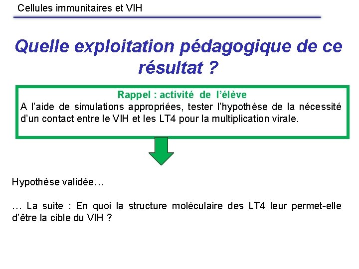 Cellules immunitaires et VIH Quelle exploitation pédagogique de ce résultat ? Rappel : activité