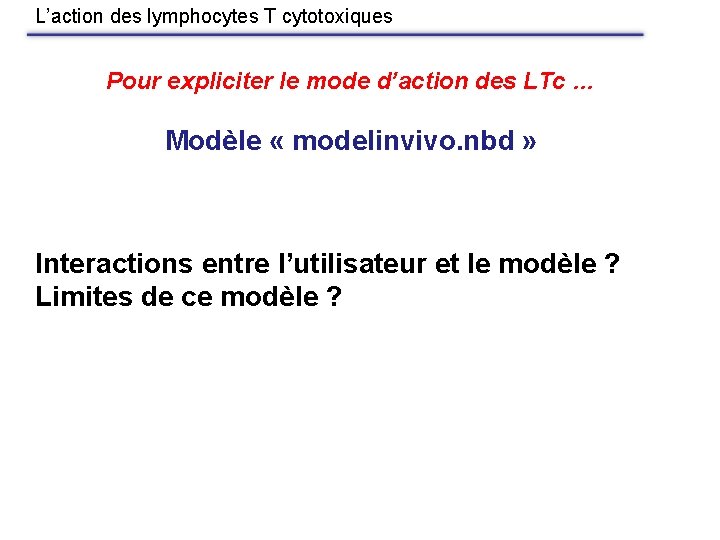 L’action des lymphocytes T cytotoxiques Pour expliciter le mode d’action des LTc … Modèle
