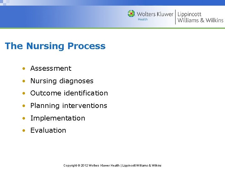 The Nursing Process • Assessment • Nursing diagnoses • Outcome identification • Planning interventions