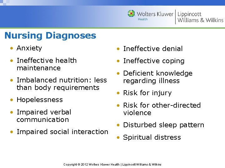 Nursing Diagnoses • Anxiety • Ineffective denial • Ineffective health maintenance • Ineffective coping