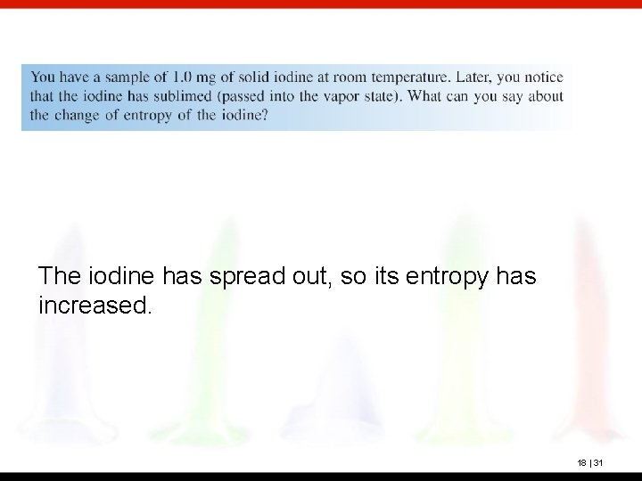 The iodine has spread out, so its entropy has increased. 18 | 31 