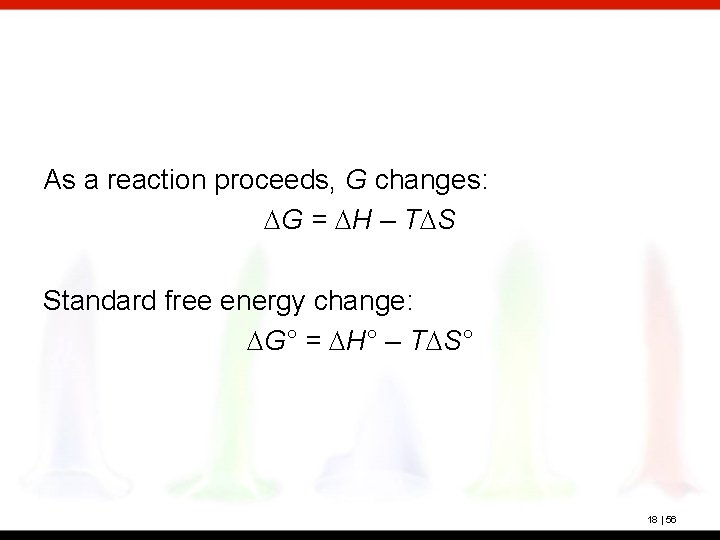 As a reaction proceeds, G changes: DG = DH – TDS Standard free energy