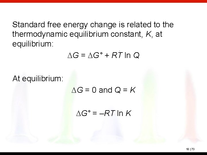 Standard free energy change is related to thermodynamic equilibrium constant, K, at equilibrium: DG