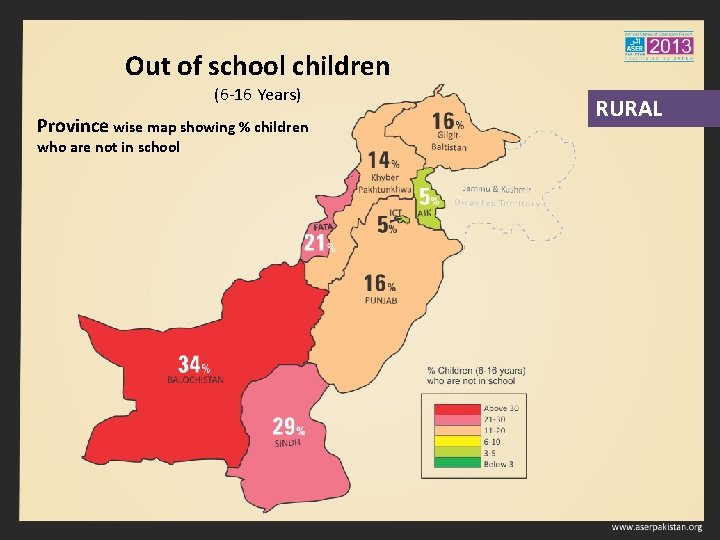 Out of school children (6 -16 Years) Province wise map showing % children who