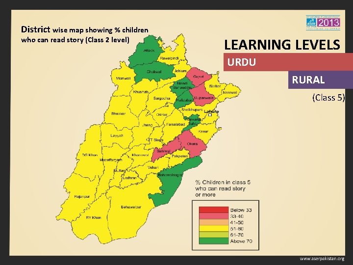 District wise map showing % children who can read story (Class 2 level) LEARNING