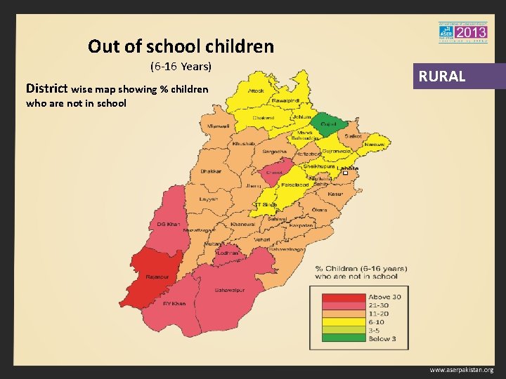 Out of school children (6 -16 Years) District wise map showing % children who