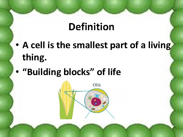 Definition • A cell is the smallest part of a living thing. • “Building