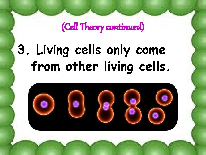 (Cell Theory continued) 3. Living cells only come from other living cells. 