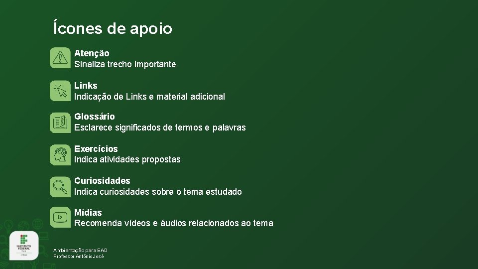 Ícones de apoio Atenção Sinaliza trecho importante Links Indicação de Links e material adicional