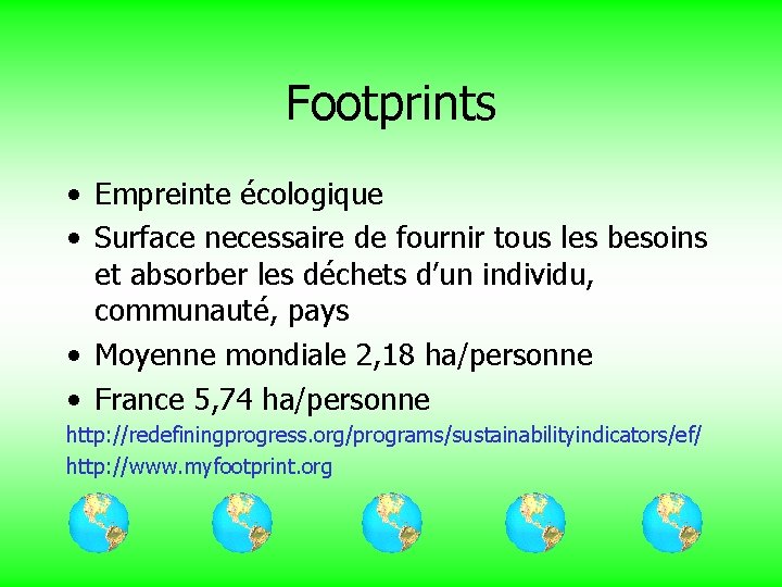 Footprints • Empreinte écologique • Surface necessaire de fournir tous les besoins et absorber