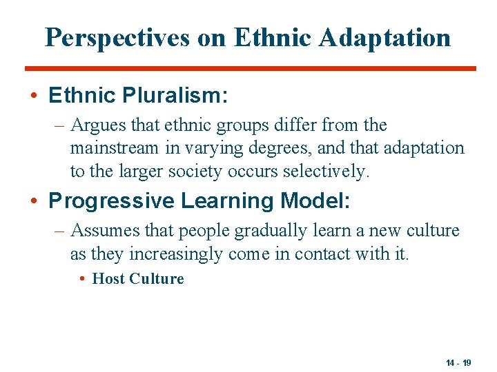 Perspectives on Ethnic Adaptation • Ethnic Pluralism: – Argues that ethnic groups differ from