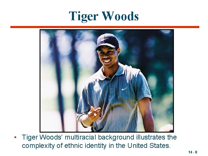Tiger Woods • Tiger Woods’ multiracial background illustrates the complexity of ethnic identity in