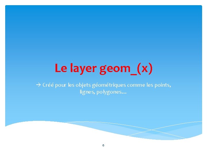 Le layer geom_(x) Créé pour les objets géométriques comme les points, lignes, polygones… 6