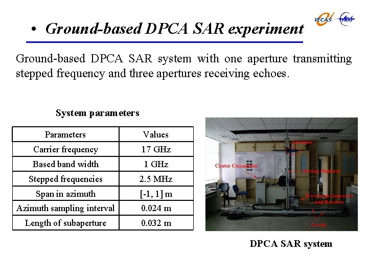  • Ground-based DPCA SAR experiment Ground-based DPCA SAR system with one aperture transmitting