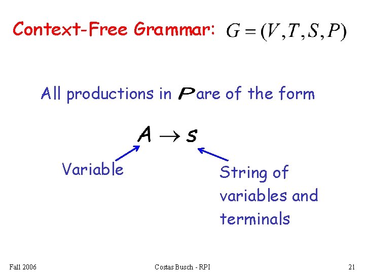 Context-Free Grammar: All productions in are of the form Variable Fall 2006 String of