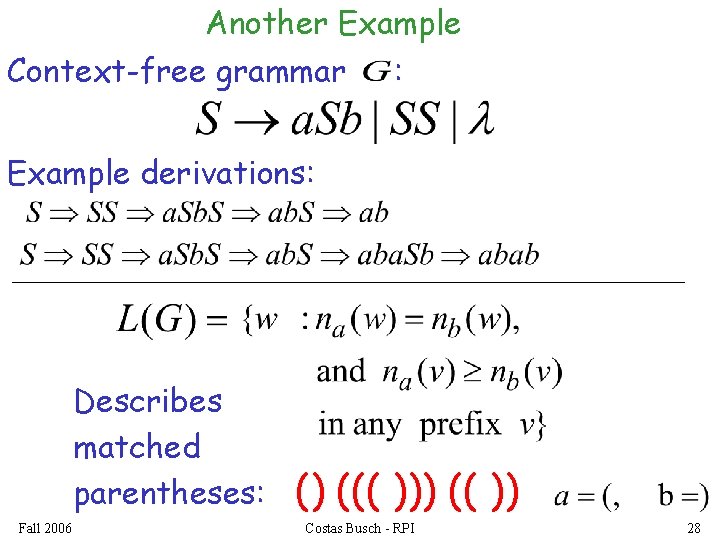 Another Example Context-free grammar : Example derivations: Describes matched parentheses: Fall 2006 () (((