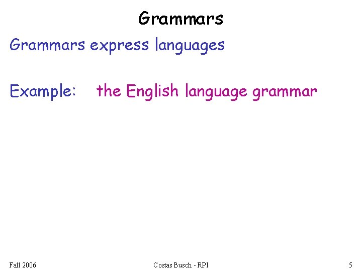 Grammars express languages Example: Fall 2006 the English language grammar Costas Busch - RPI