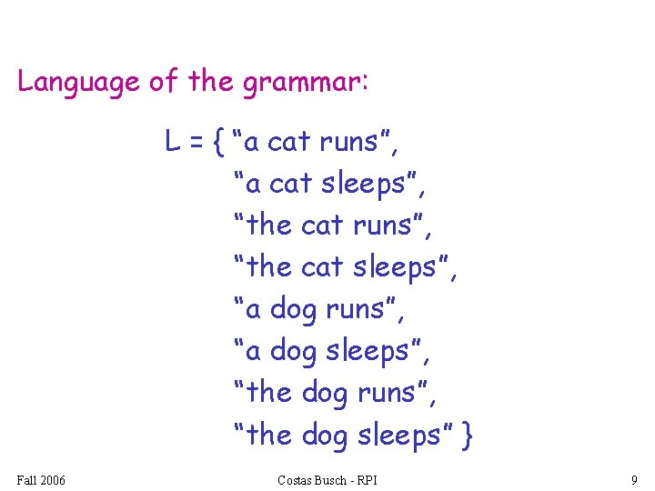 Language of the grammar: L = { “a cat runs”, “a cat sleeps”, “the