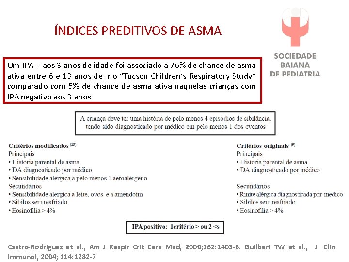ÍNDICES PREDITIVOS DE ASMA Um IPA + aos 3 anos de idade foi associado