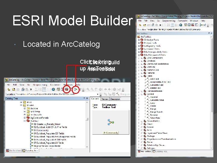 ESRI Model Builder Located in Arc. Catelog Click to bring Click to build up