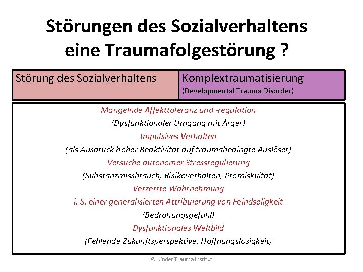Störungen des Sozialverhaltens eine Traumafolgestörung ? Störung des Sozialverhaltens Komplextraumatisierung (Developmental Trauma Disorder) Mangelnde