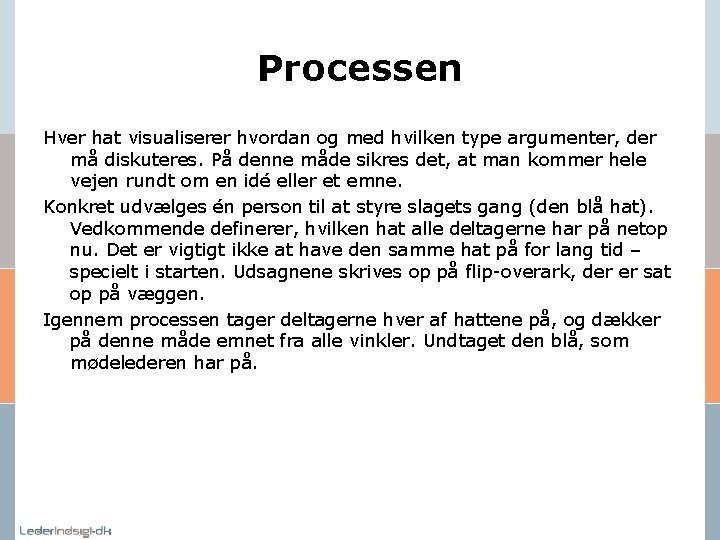 Processen Hver hat visualiserer hvordan og med hvilken type argumenter, der må diskuteres. På Processen Hver hat visualiserer hvordan og med hvilken type argumenter, der må diskuteres. På