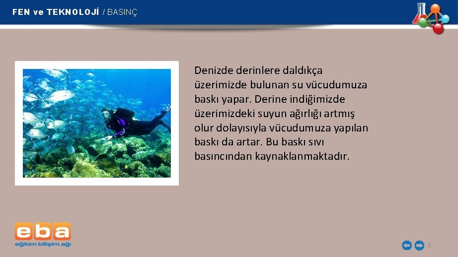 FEN ve TEKNOLOJİ / BASINÇ Denizde derinlere daldıkça üzerimizde bulunan su vücudumuza baskı yapar.